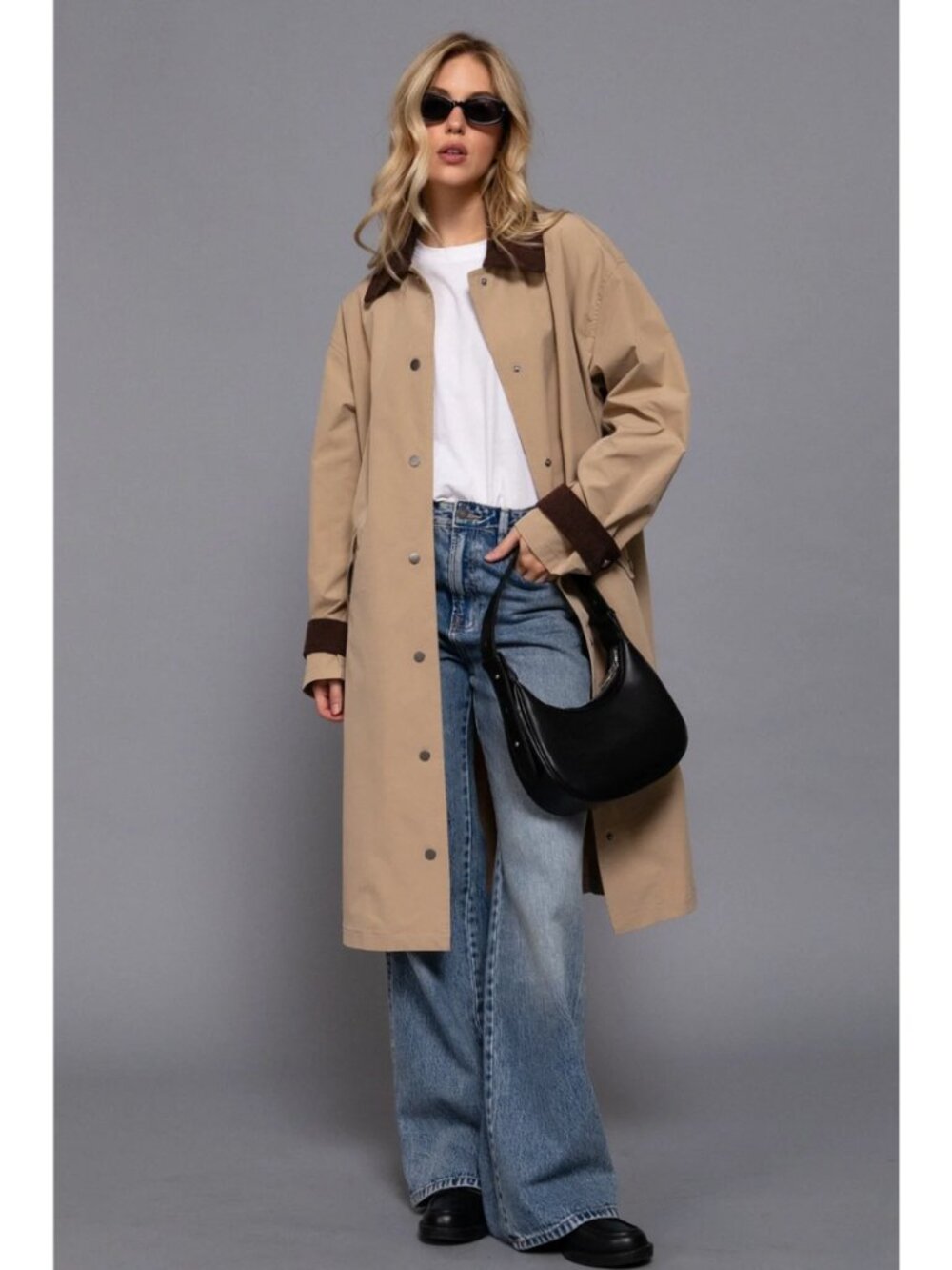 Contrast Collar Long Trench Coat - Picture 1 of 4